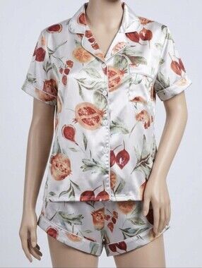 Silky Polyester Fruit Print Pajama Set - Short Sleeve & Shorts